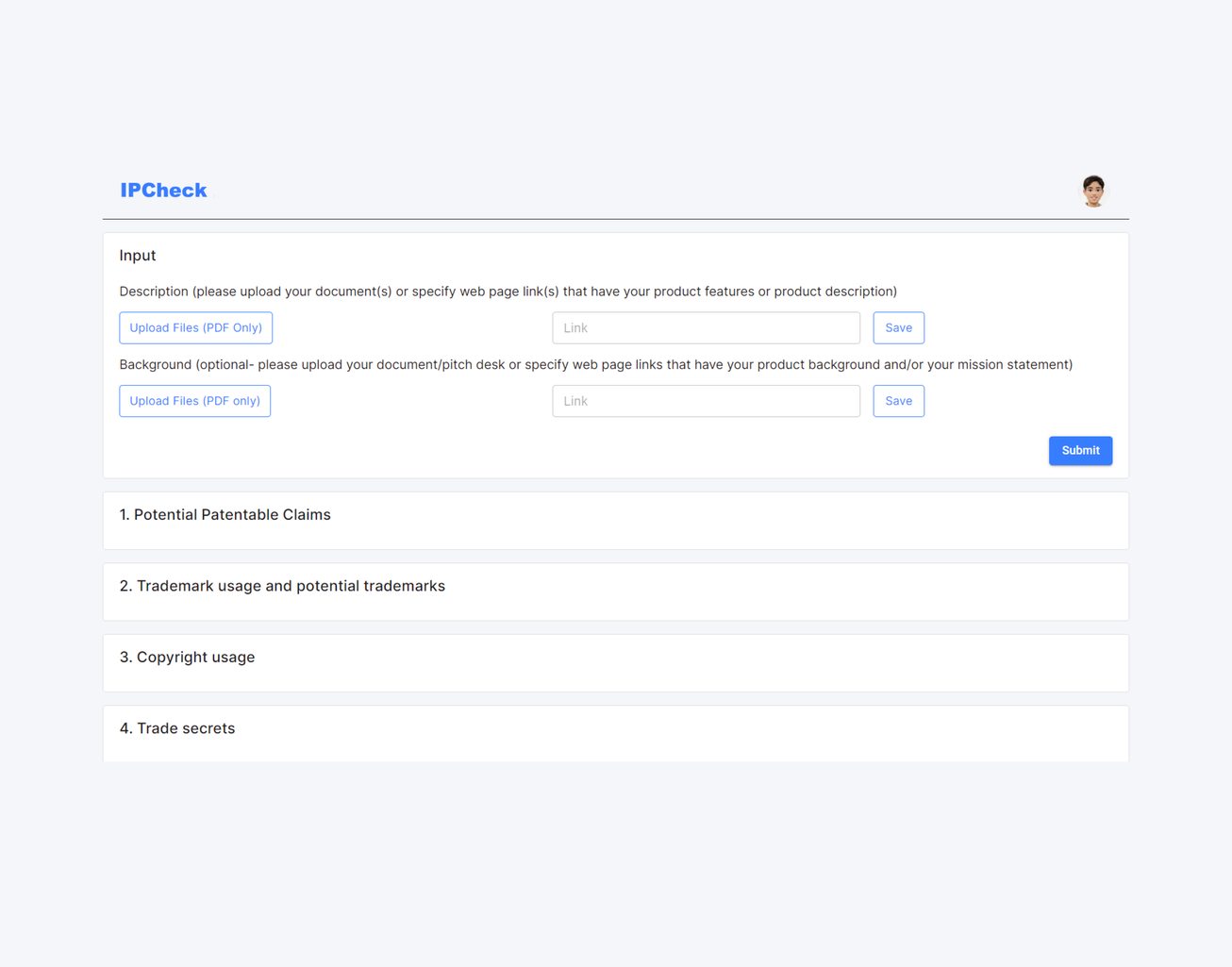 IPChecker interface showing patent, trademark, copyright and trade-secret review categories